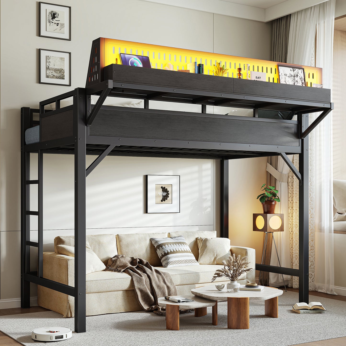Twin XL Metal Loft Bed Frame with USB Ports & LED Lights