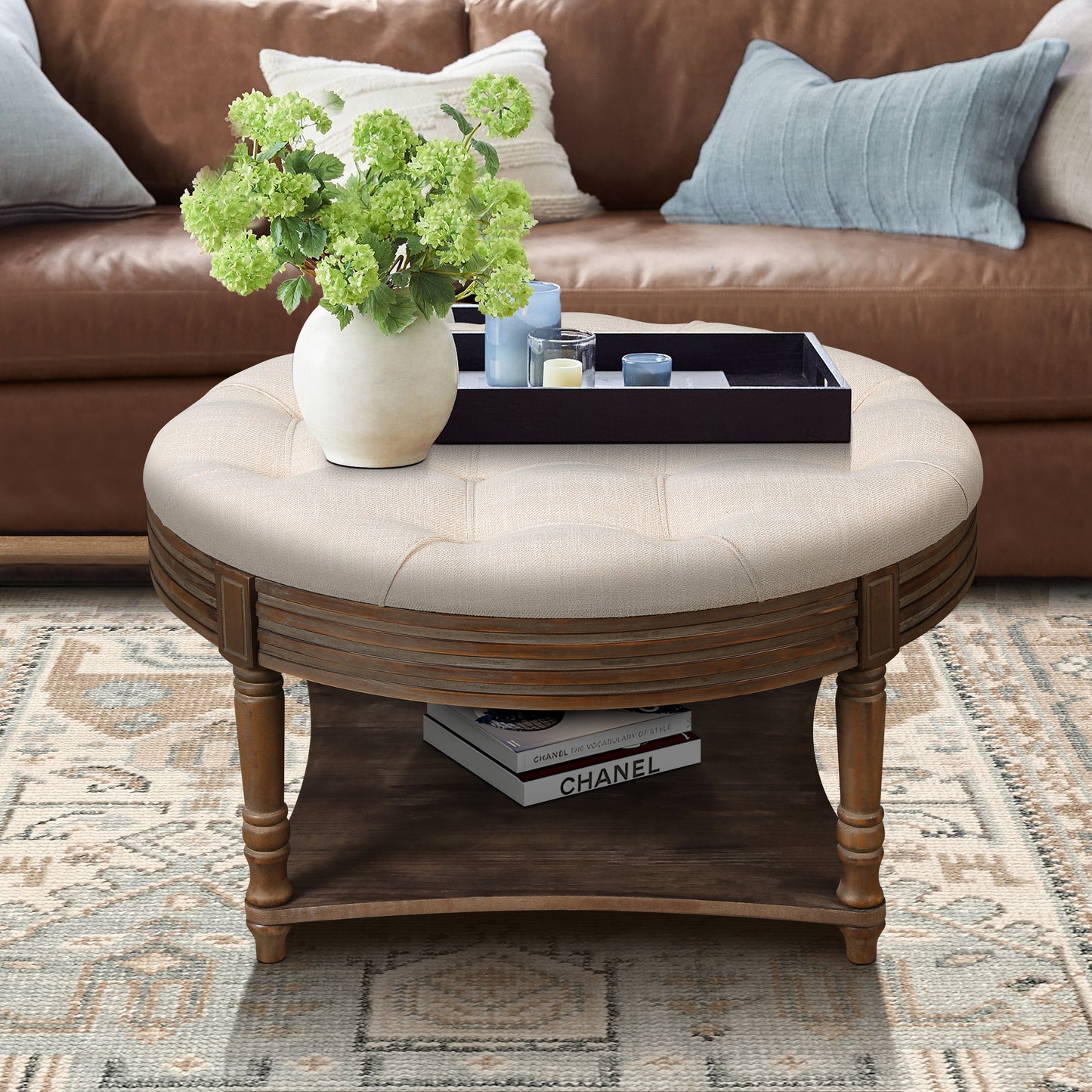 Large Round Waterproof Ottoman Coffee Table with Storage - Beige