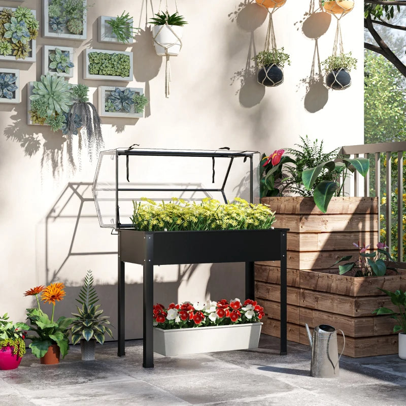 Elevated Garden Bed with Greenhouse Cover - Black, 39.4x18.9x48.8in