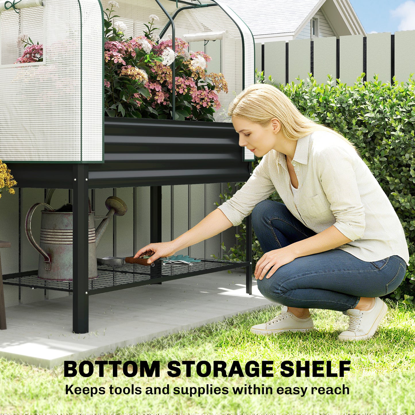 Galvanised Raised Garden Bed with Greenhouse Cover - Metal Elevated Planter with Storage Shelf - Black, 1330x370x120mm