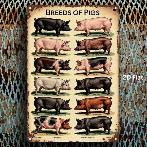 Vintage Pig Breeds Metal Sign - 8x12 Inch Retro Wall Art