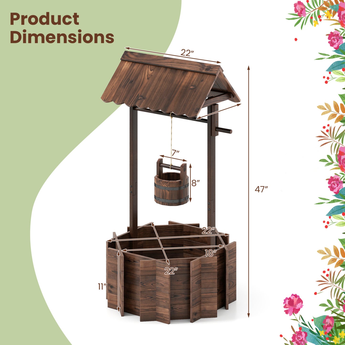 Outdoor Wooden Wishing Well Planter with Hanging Bucket