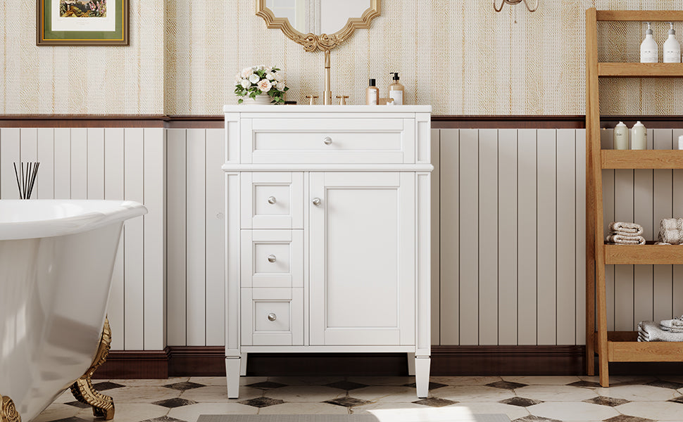 24-Inch Modern Bathroom Vanity with Ceramic Sink & 3 Drawers - White
