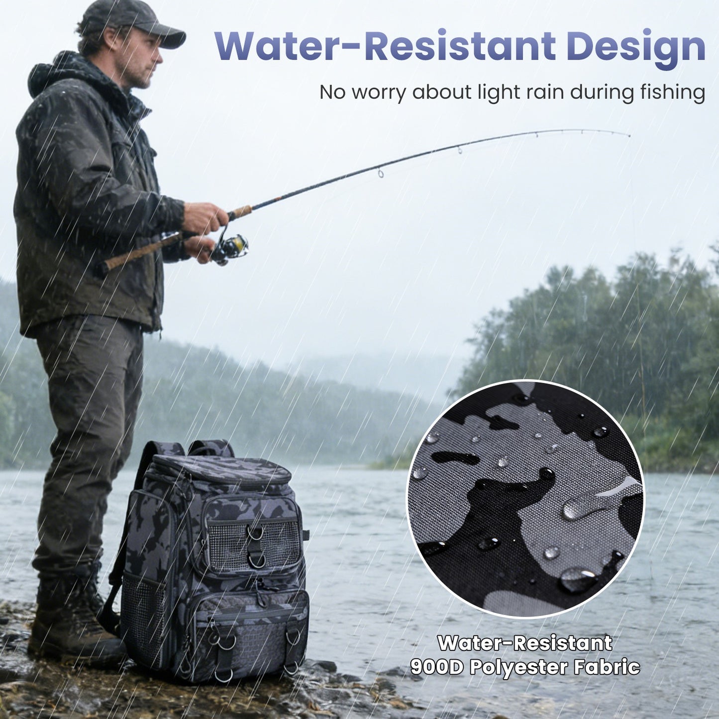 42L Fishing Backpack with 16 Pockets & Rod Holders - Camouflage