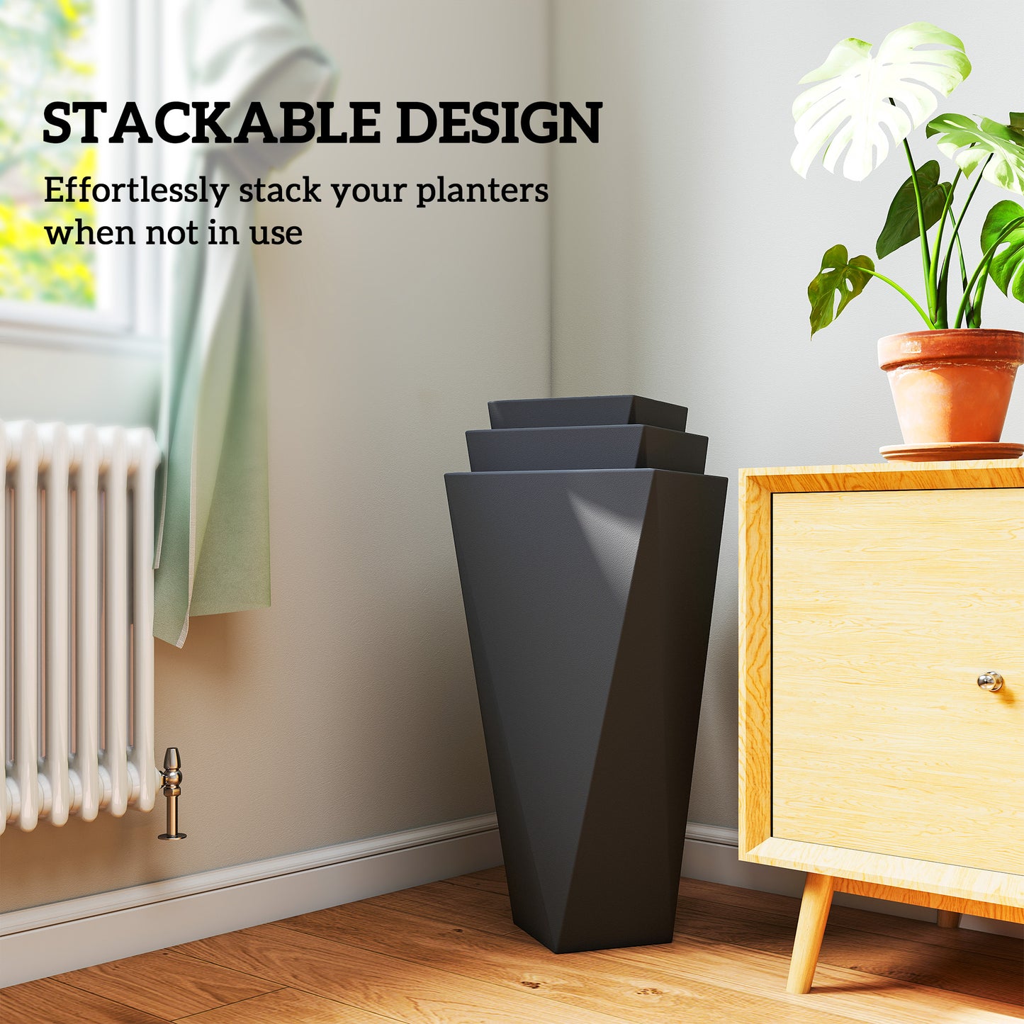 Set of 3 Tall Stackable Outdoor Garden Planters with Drainage Holes - Black