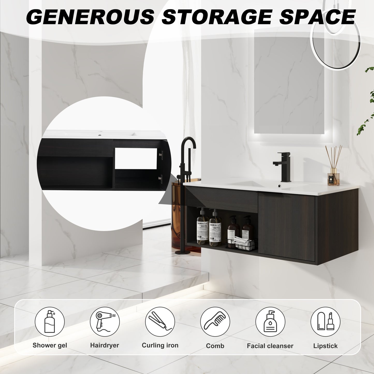 36" Wall-Mounted Bathroom Vanity with Ceramic Sink - Dark Oak
