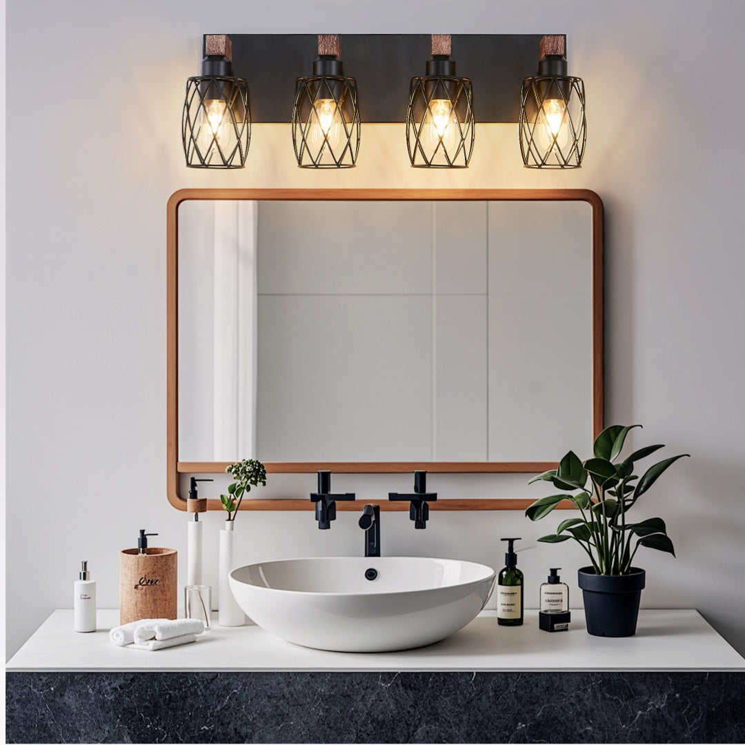 Industrial Vintage 4-Light Wall Sconce - Black Cage & Wood Accents