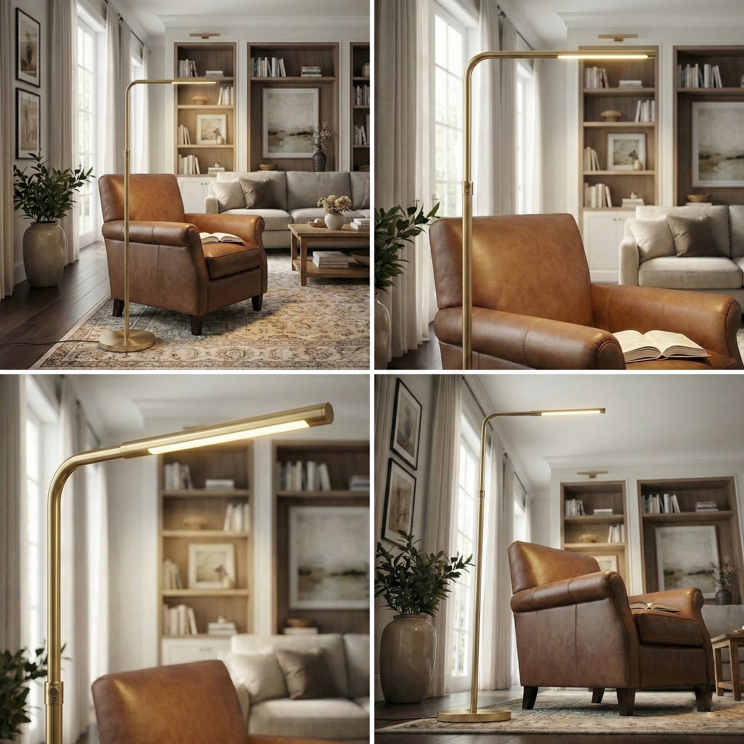 Verve Brassed Gold Floor Lamp With On Off Adjustable Led Round Base
