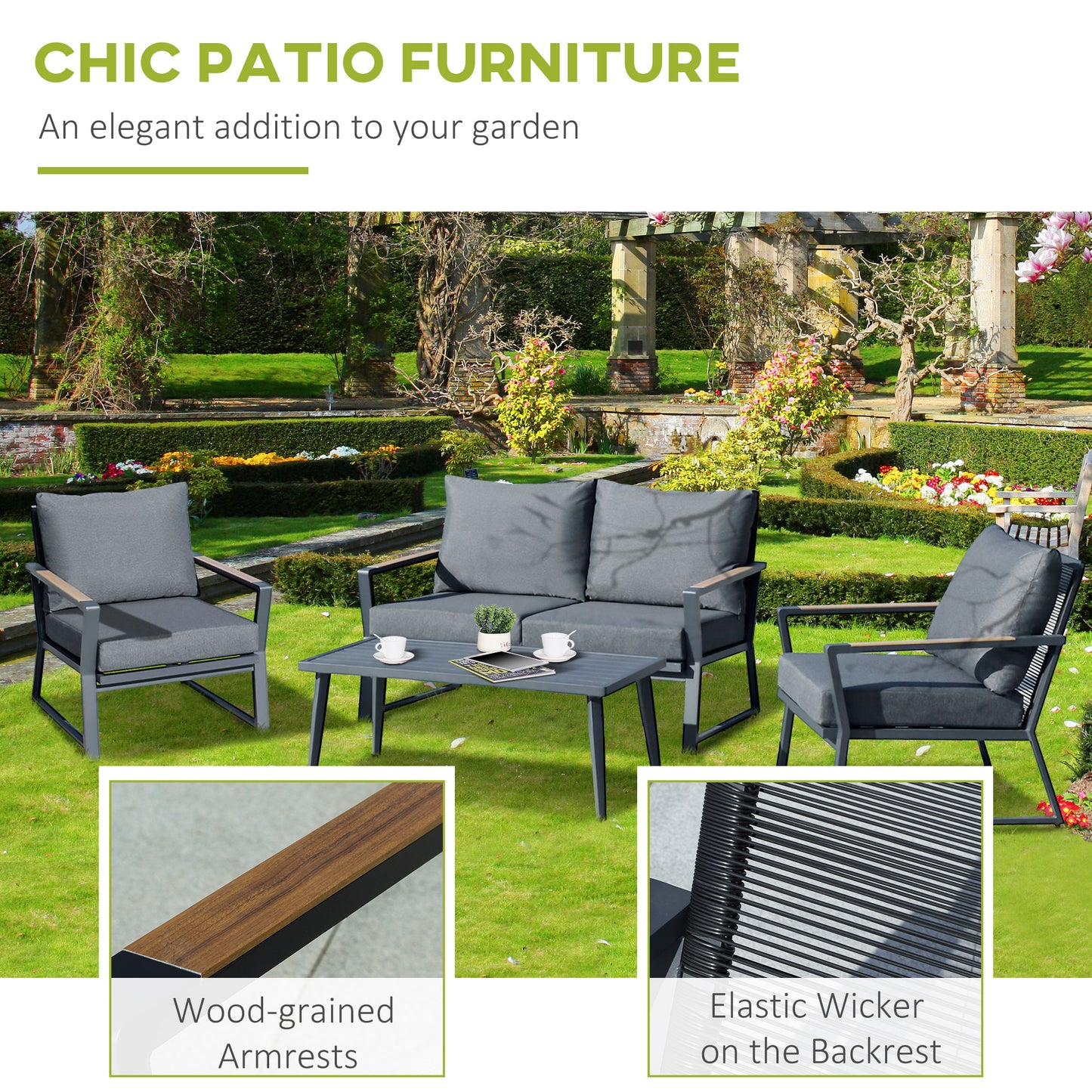 4-Piece Outdoor Furniture Set - Aluminum Sofa & Coffee Table - Dark Grey