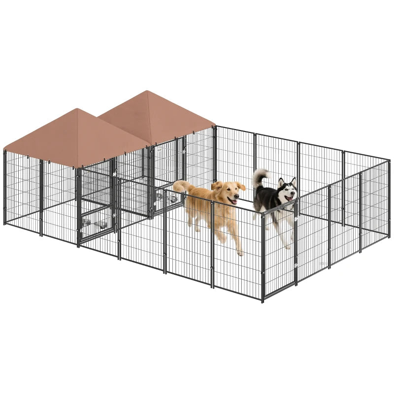 Large Outdoor Dog Kennel with 2 Rooms, Adjustable Bowls, Steel Frame, Coffee