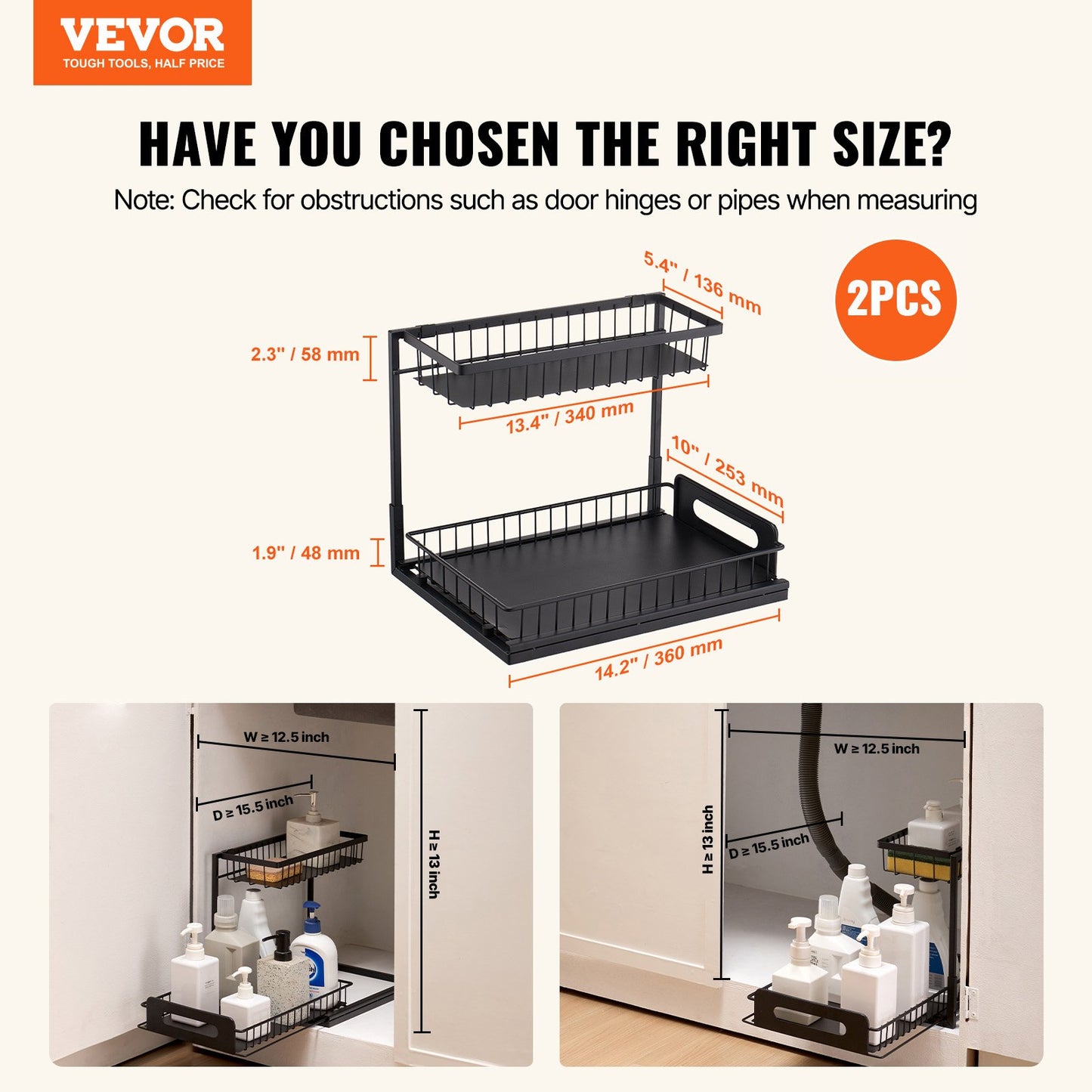 2-Tier Pull Out Under Sink Organizer - 10.7"W x 14.2"D - Black