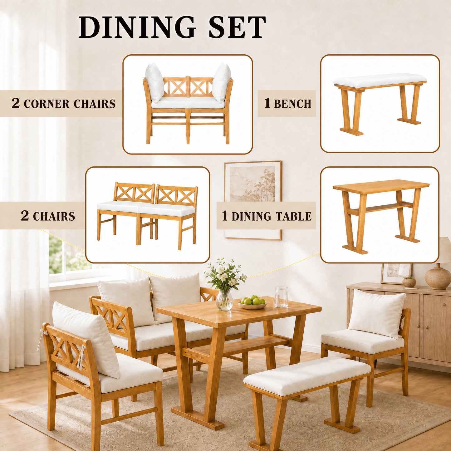 Farmhouse Solid Wood Kitchen Nook Dining Set for 6 - Natural & White