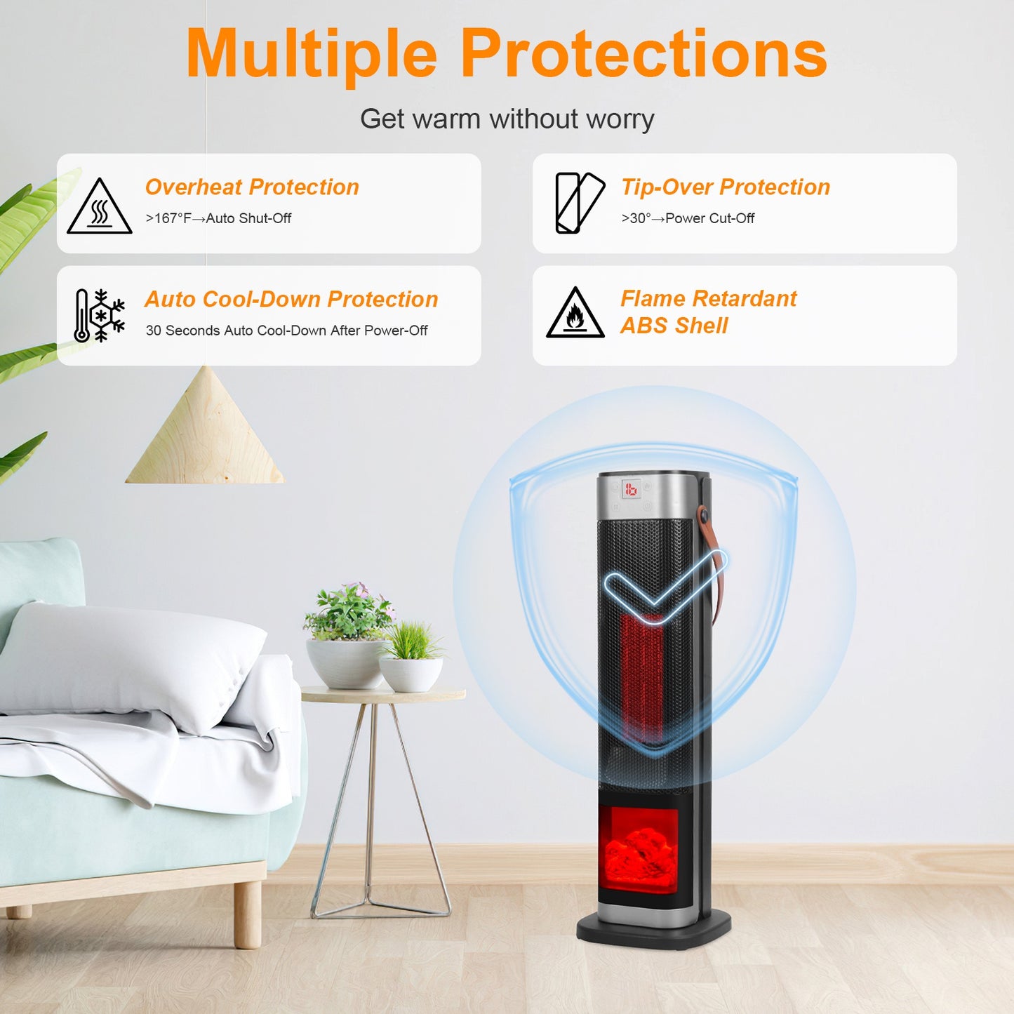 1500W Oscillating Space Heater with 3D Flame Effect, Remote, Timer, Black