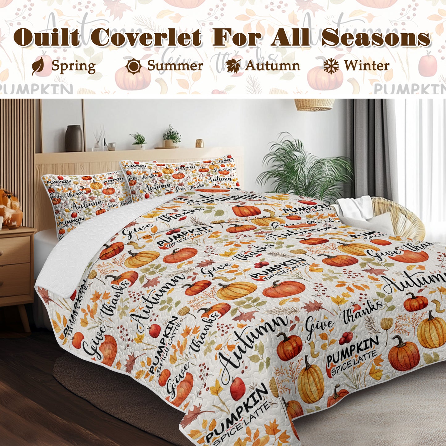 Pumpkin Autumn Leaves Quilt Set - 3 Piece Bedding Set with Pillow Shams