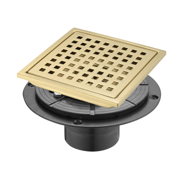 6 Inch Square Shower Drain with Removable Grate and Hair Strainer - Brushed Gold Stainless Steel