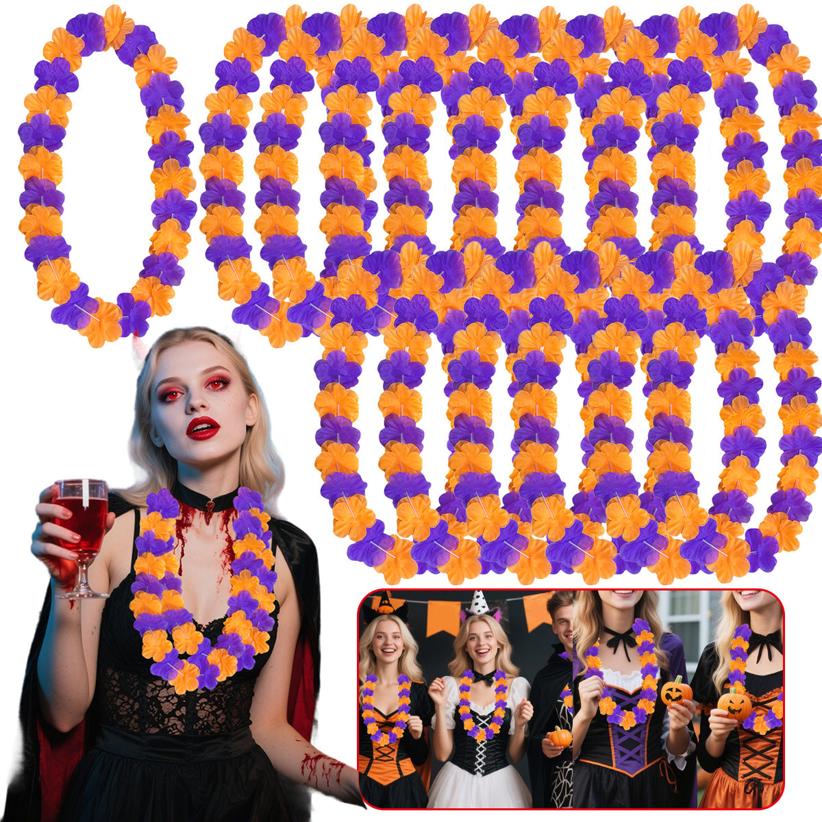 24 Pcs Halloween Flower Leis - Orange & Purple