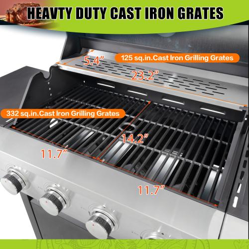 Stainless Steel Propane Gas Grill with Side Burners - Black