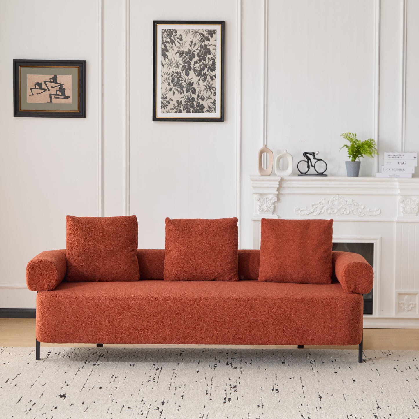 78 Modern 3-Seater Orange Upholstered Sofa, Oversized Comfy Couch