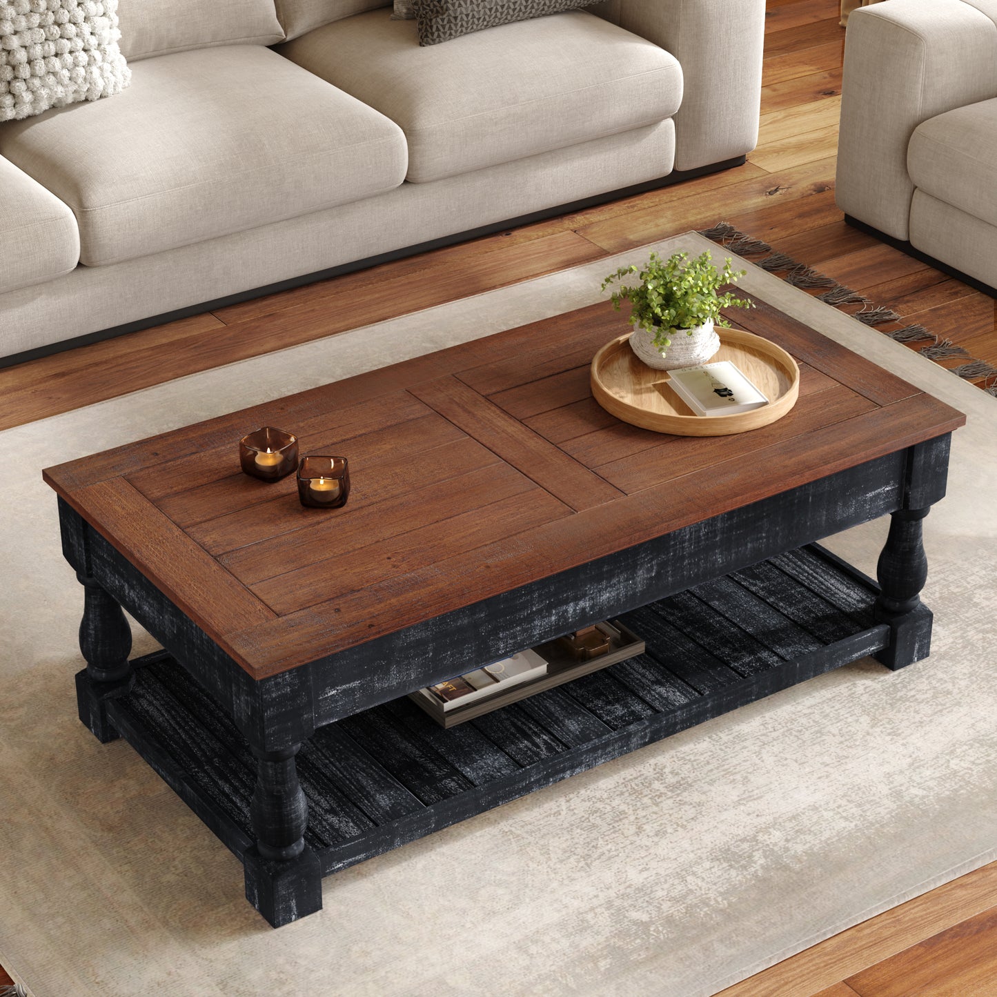 Retro Lift-Top Coffee Table with Storage - Espresso & Weathered Black