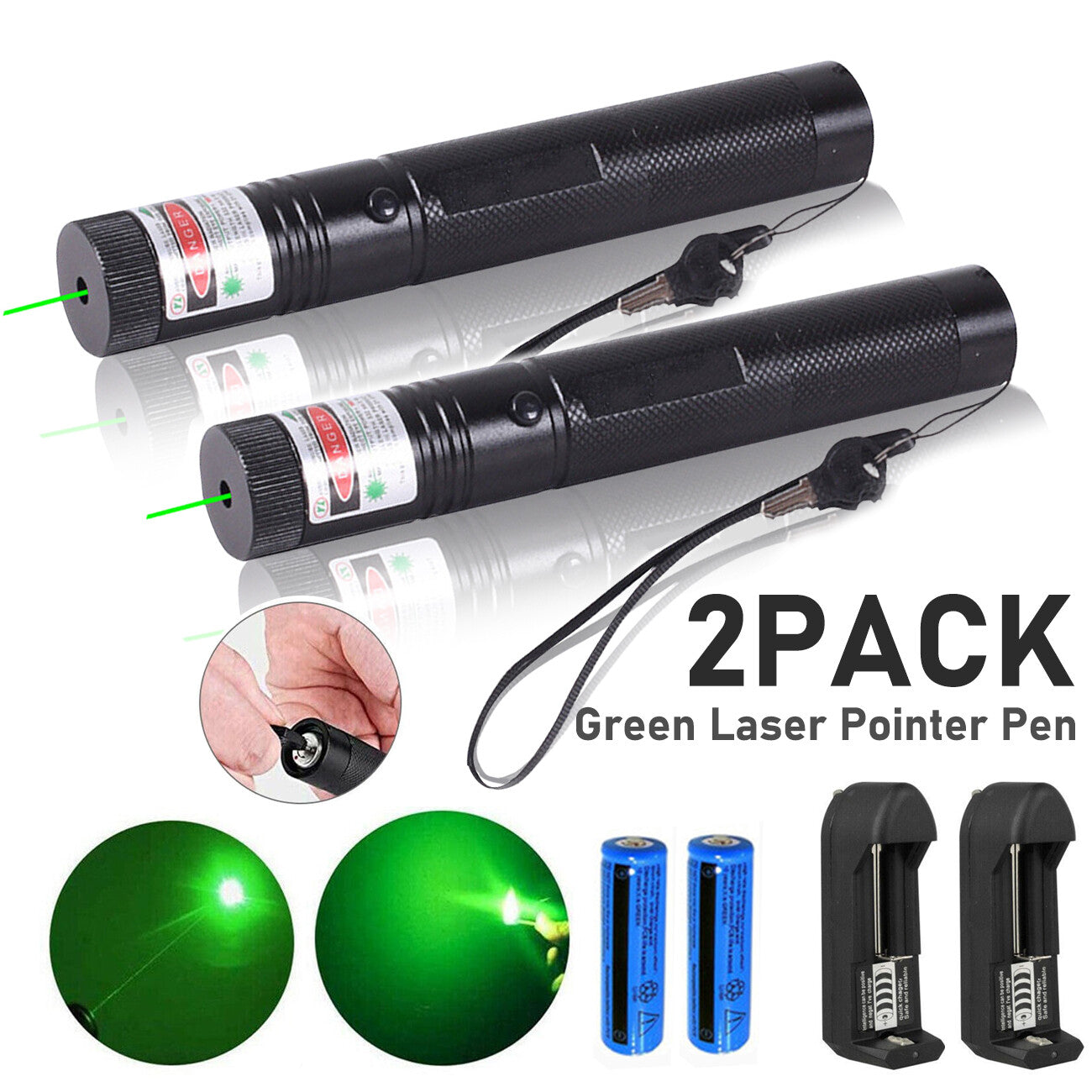 Strong Green Laser Pointer Pen Light 532nm USB Rechargeable Torch 2 Pack