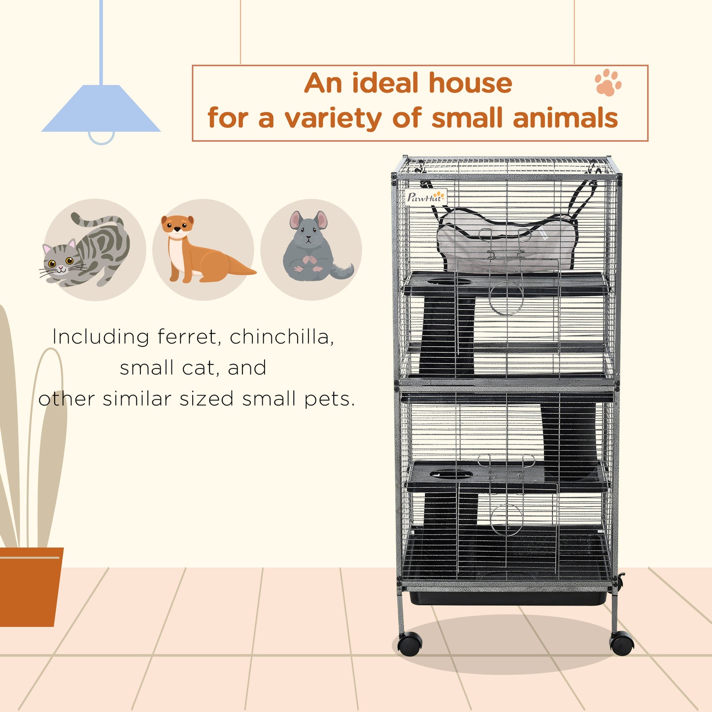 Large Metal Small Animal Cage with Hammock, Removable Tray, Extra Space - Gray or Black