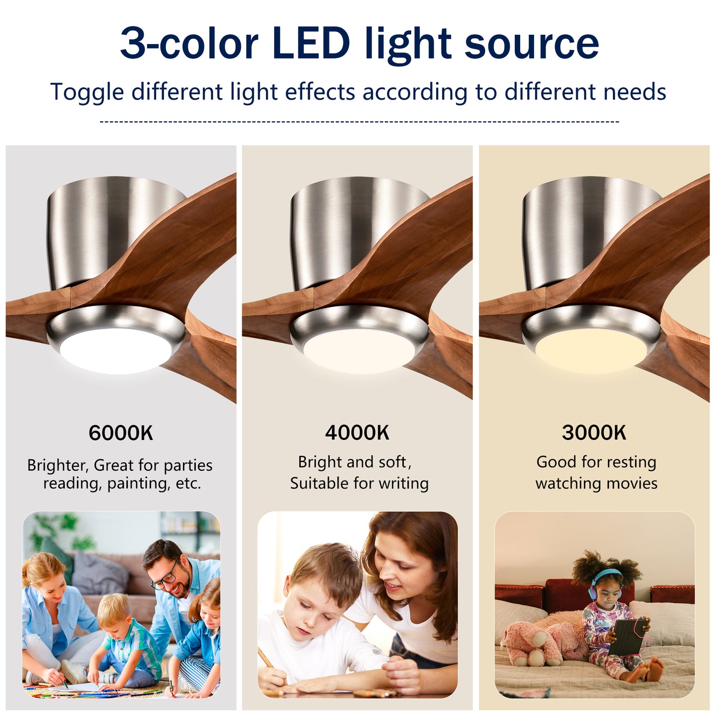 52-Inch Recessed Ceiling Fan with Light Strip, Solid Wood Blades, Remote Control, Noiseless Reversible Motor, Nickel Finish