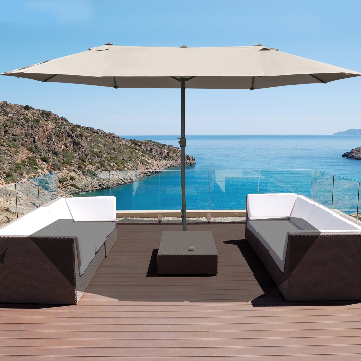 15' Double-Sided Patio Umbrella with Base - Coffee