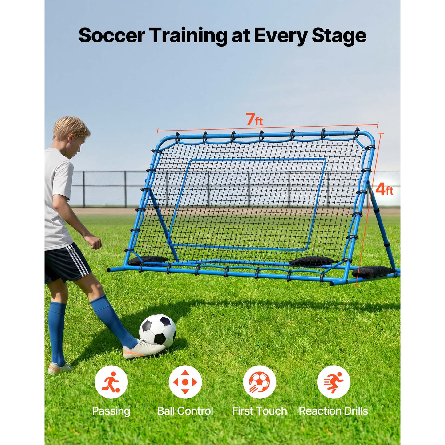 Soccer Rebounder Net - Heavy-Duty Iron Frame & PE Net for Passing Control Training - 7x4 Ft