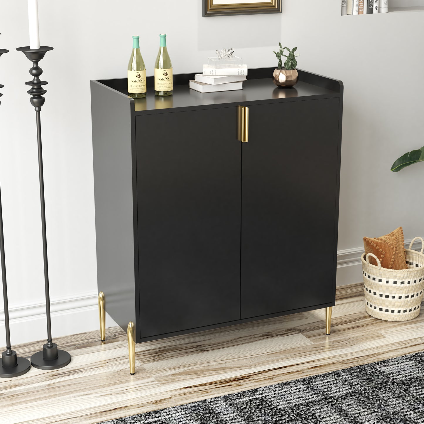 2 Doors Home Wine Bar Cabinet With Rack & Adjustable Storage Shelf,
