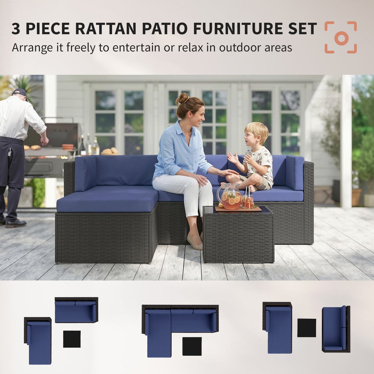 3-Piece Wicker Patio Furniture Set with Cushions & Glass Table - Navy Blue