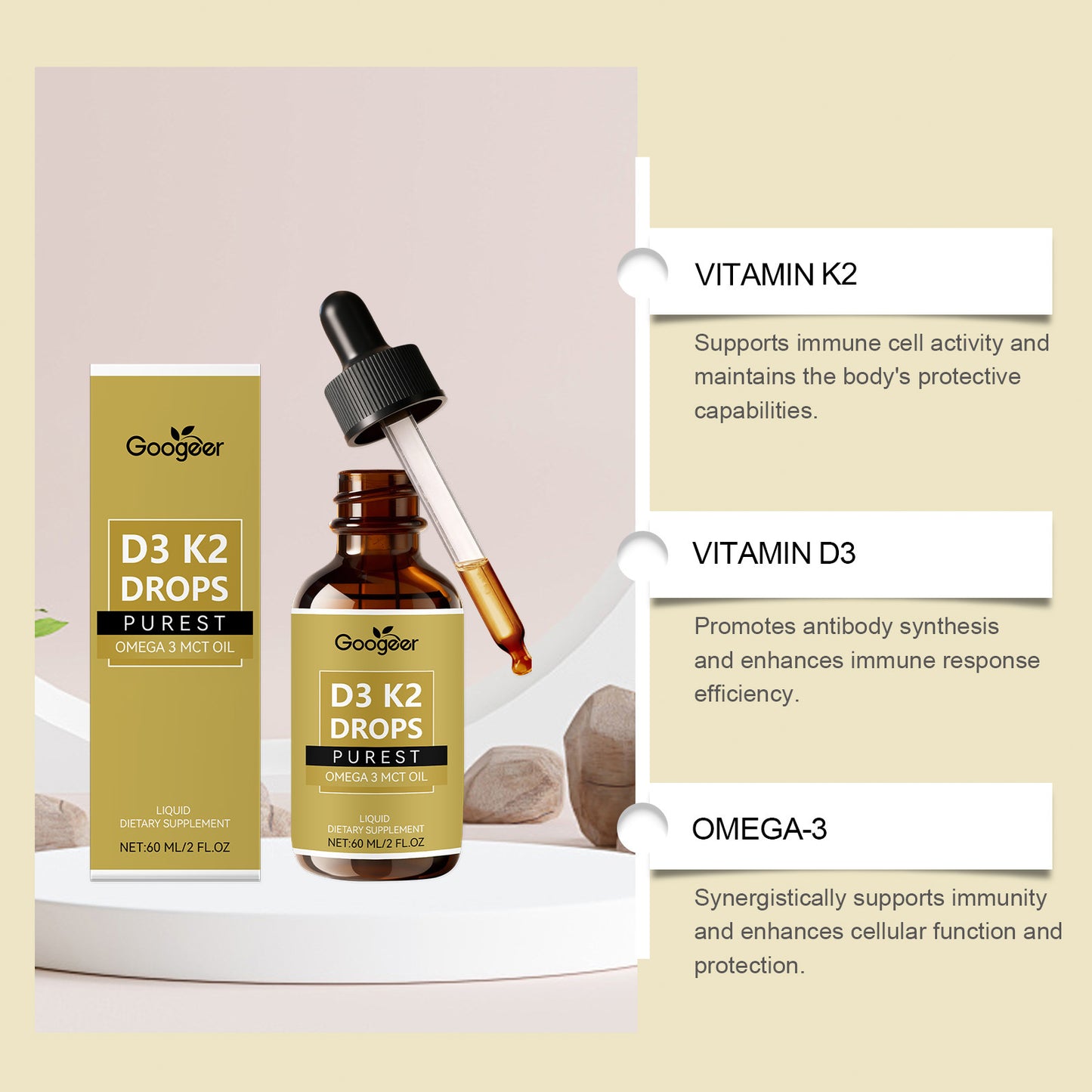 Immune Support Supplement Drops with Vitamin D3 & Omega-3 - 60ml
