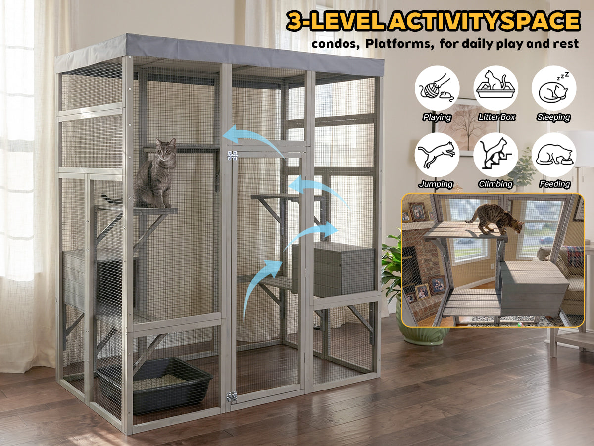 Gray Wooden Cat Enclosure with Waterproof Top, 2 Napping Boxes, Spacious & Secure