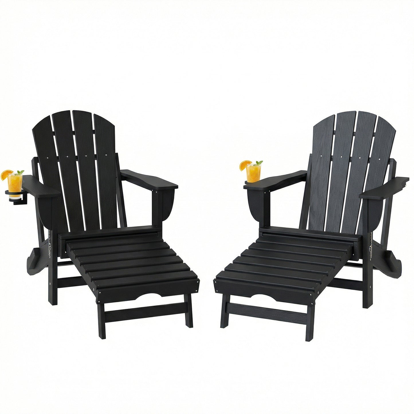 Folding Adirondack Chair Set of 2 - HDPE Fire Pit Chairs with Ottoman & Cup Holder - Black