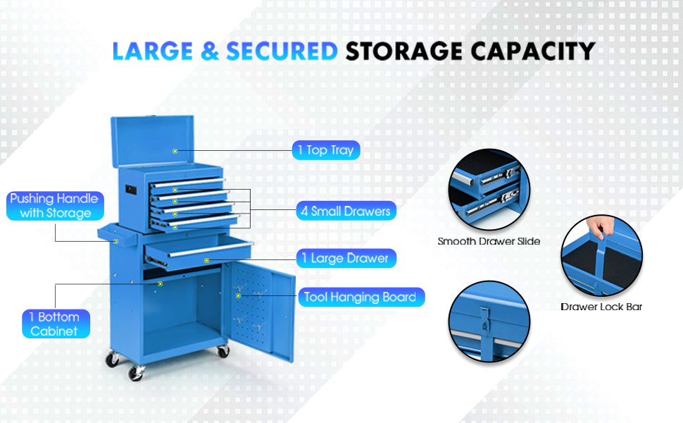 5-Drawer Rolling Tool Chest with Lockable Storage and Wheels, Garage Organizer - Blue