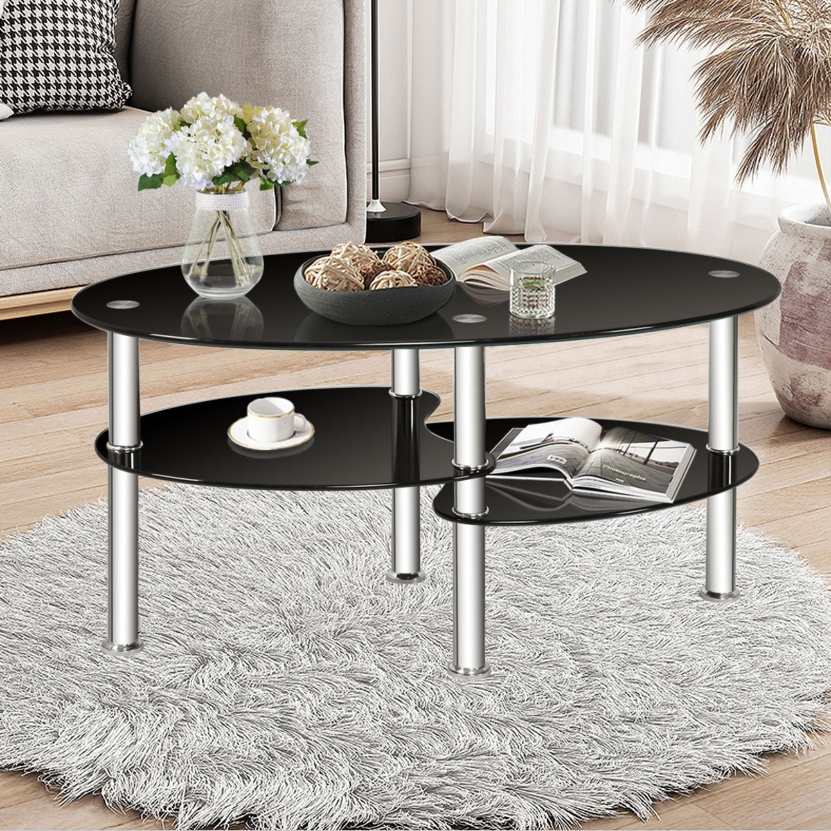 Oval Tempered Glass Coffee Table with 2 Shelves - Black