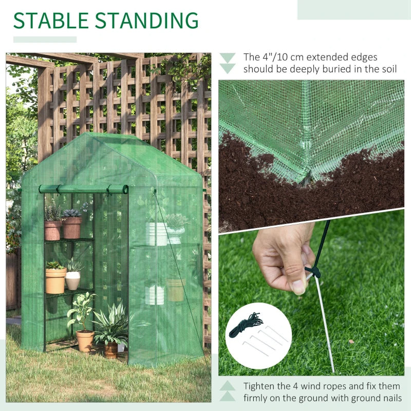 Walk-In Greenhouse with 3 Tiers Shelves, Roll-Up Door & PE Cover - Green