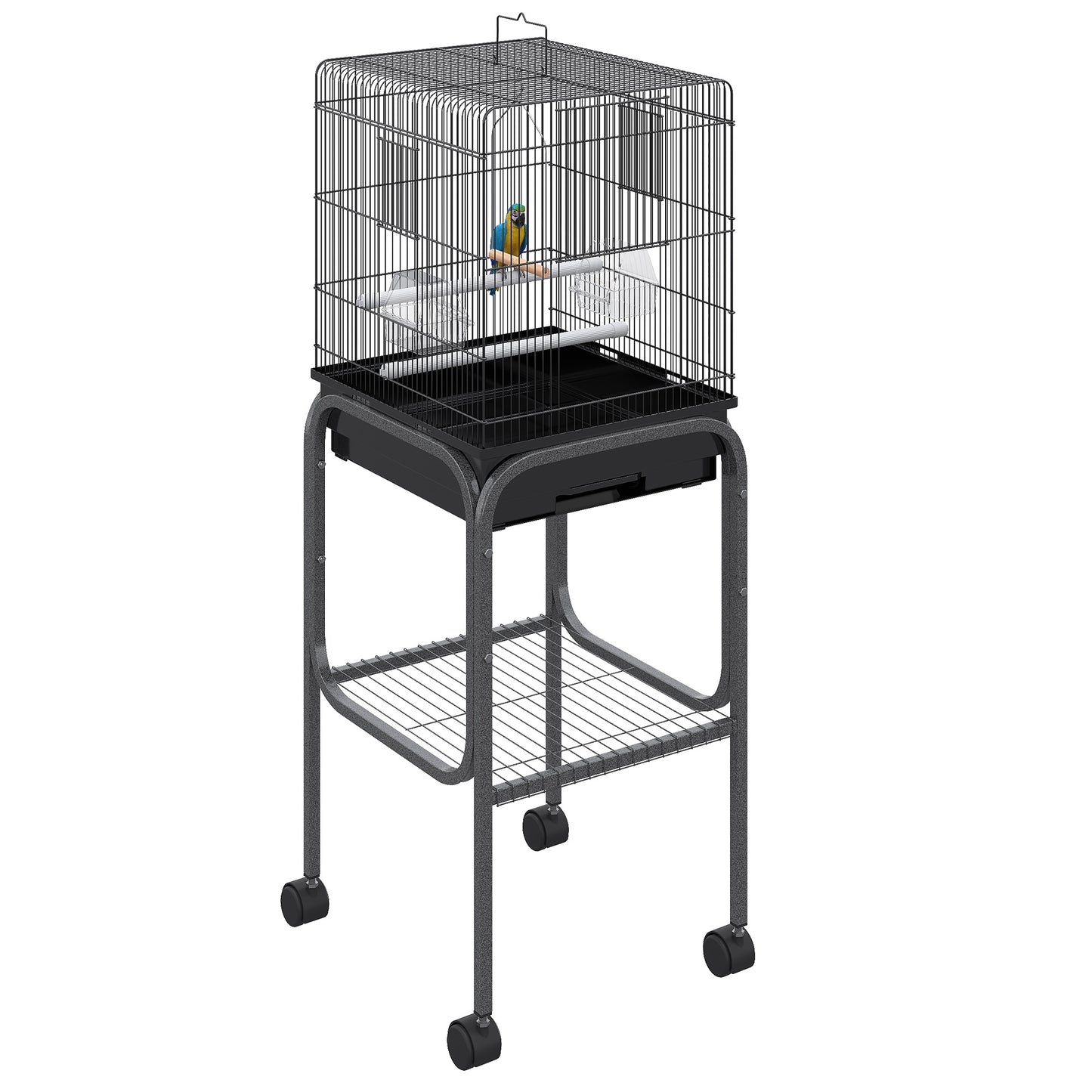 45-Inch Metal Bird Cage with Wheels & Storage Basket, Black Parrot Aviary