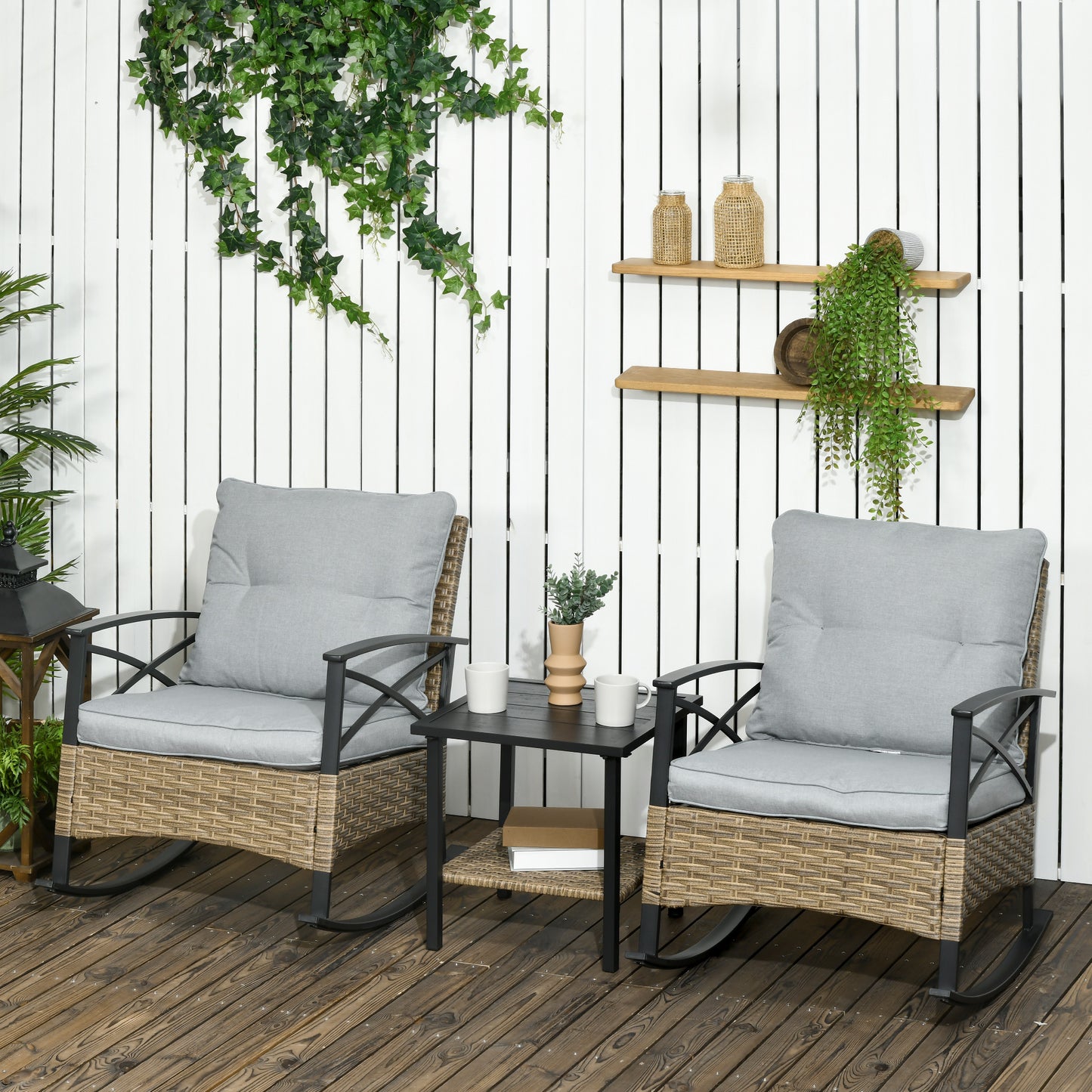 3-Piece Outdoor Wicker Rocking Chair Set with Cushions & Coffee Table - Light Gray
