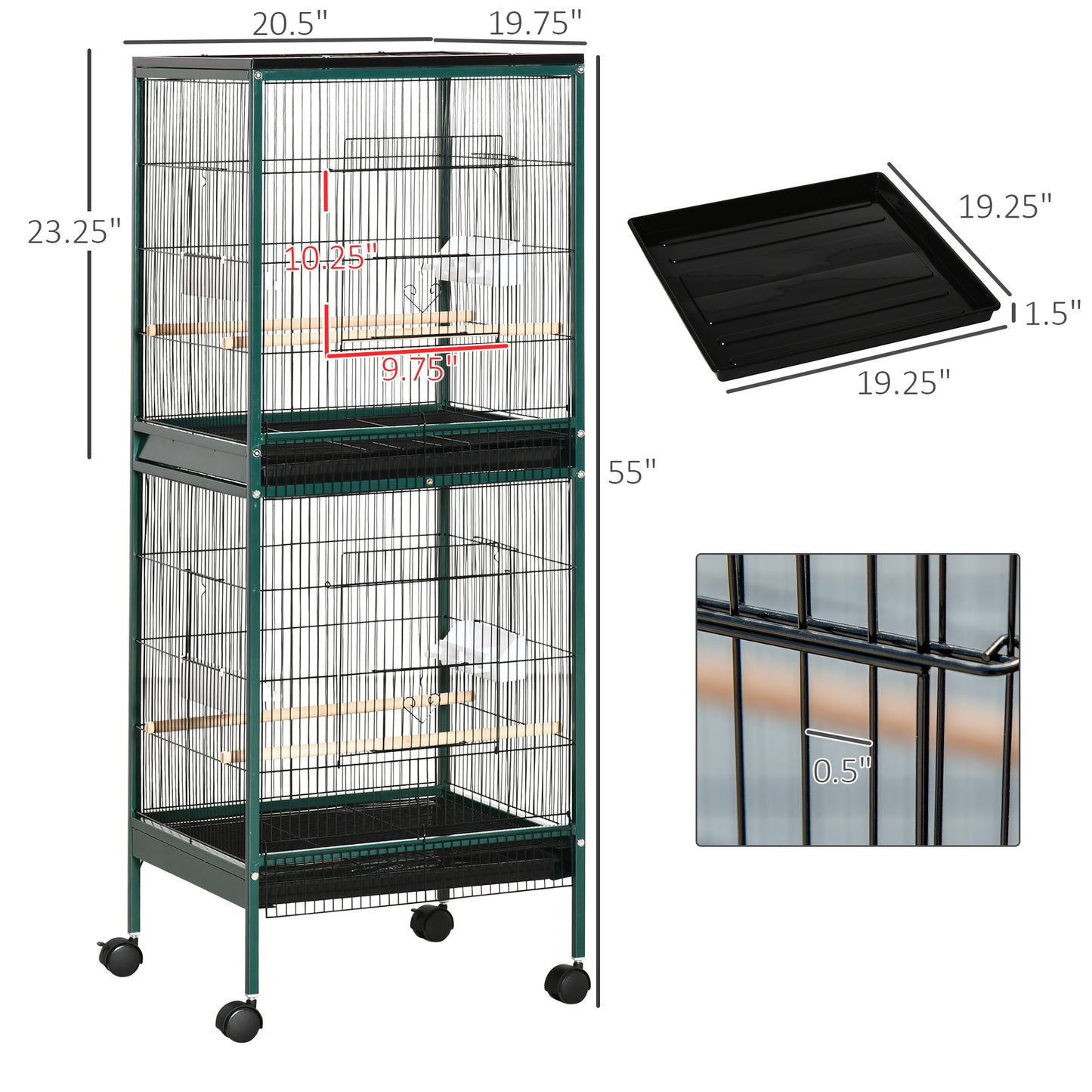 Large Indoor Bird Cage with Multi-Door Design, 1.7 ft Width for Canaries Finches Conures, Green