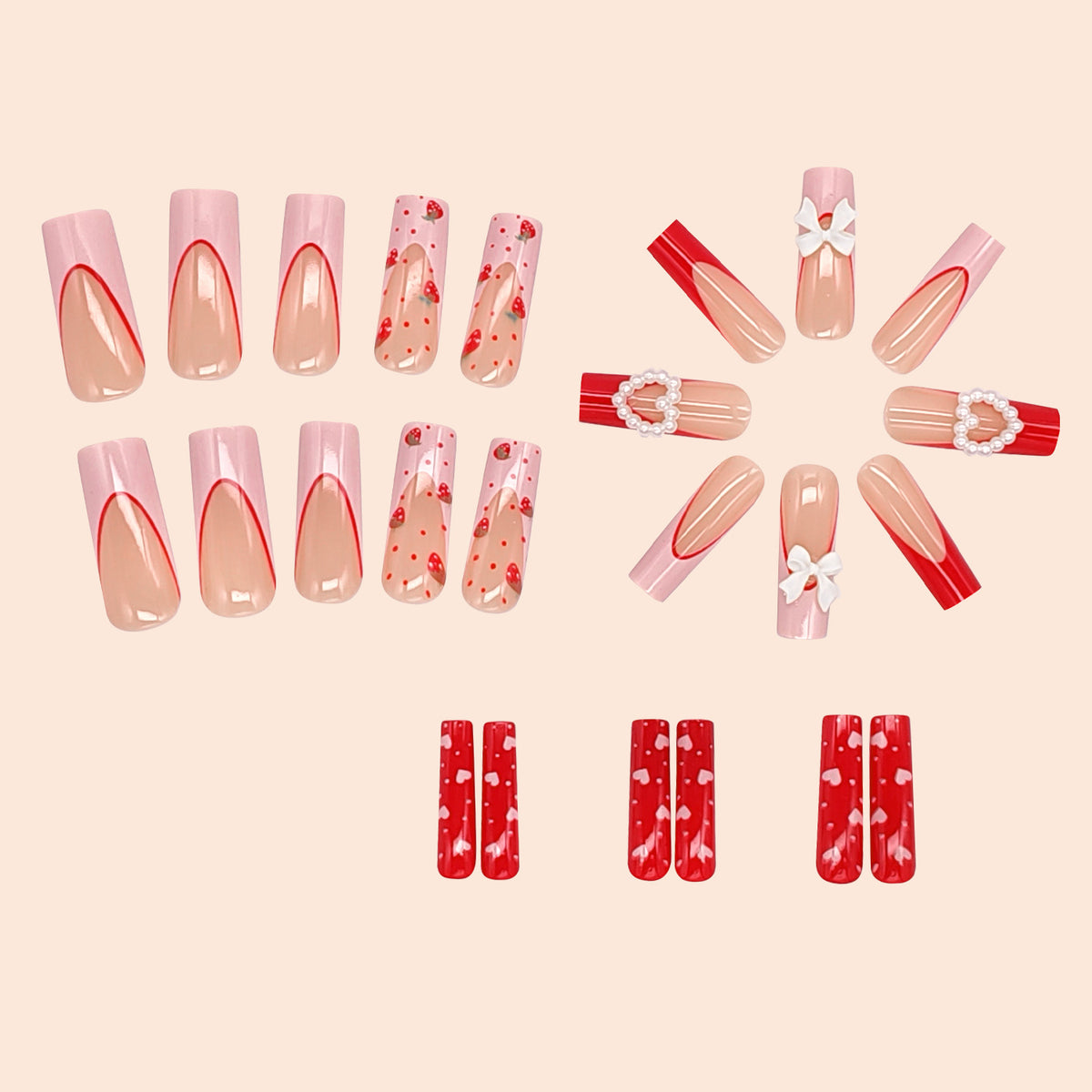 Sweet Heart Bowknot Nail Stickers Set for Nail Art - Strawberry Design
