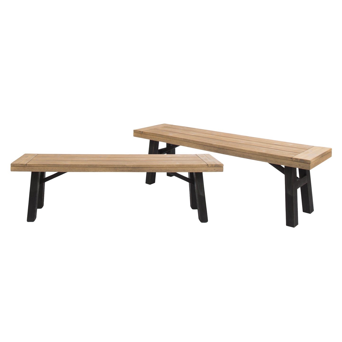 Outdoor Bench Set of 2 - Slat Panel Design, Acacia Wood, Grey