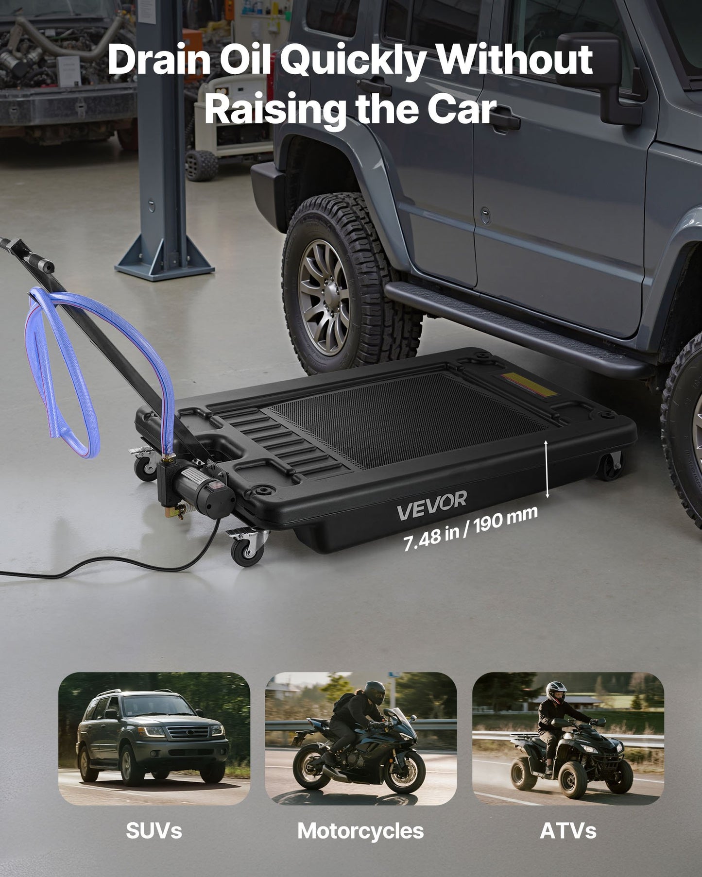 17 Gallon Low Profile Oil Drain Pan with Electric Pump & Hose - Leak-Proof, Corrosion-Resistant, Mobile for Cars & Motorcycles
