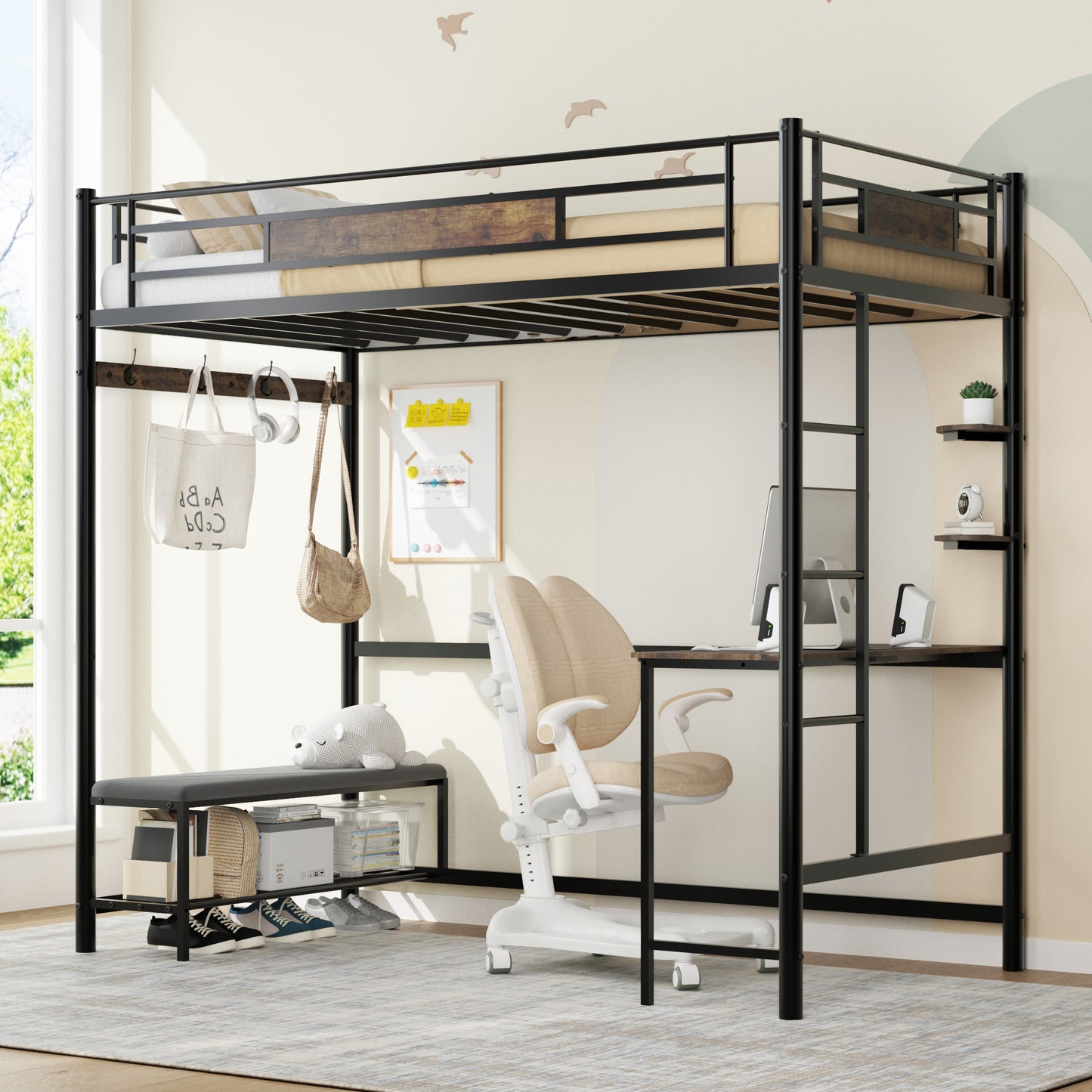 Loft Bed Frame with Desk & Storage - Twin Metal Design