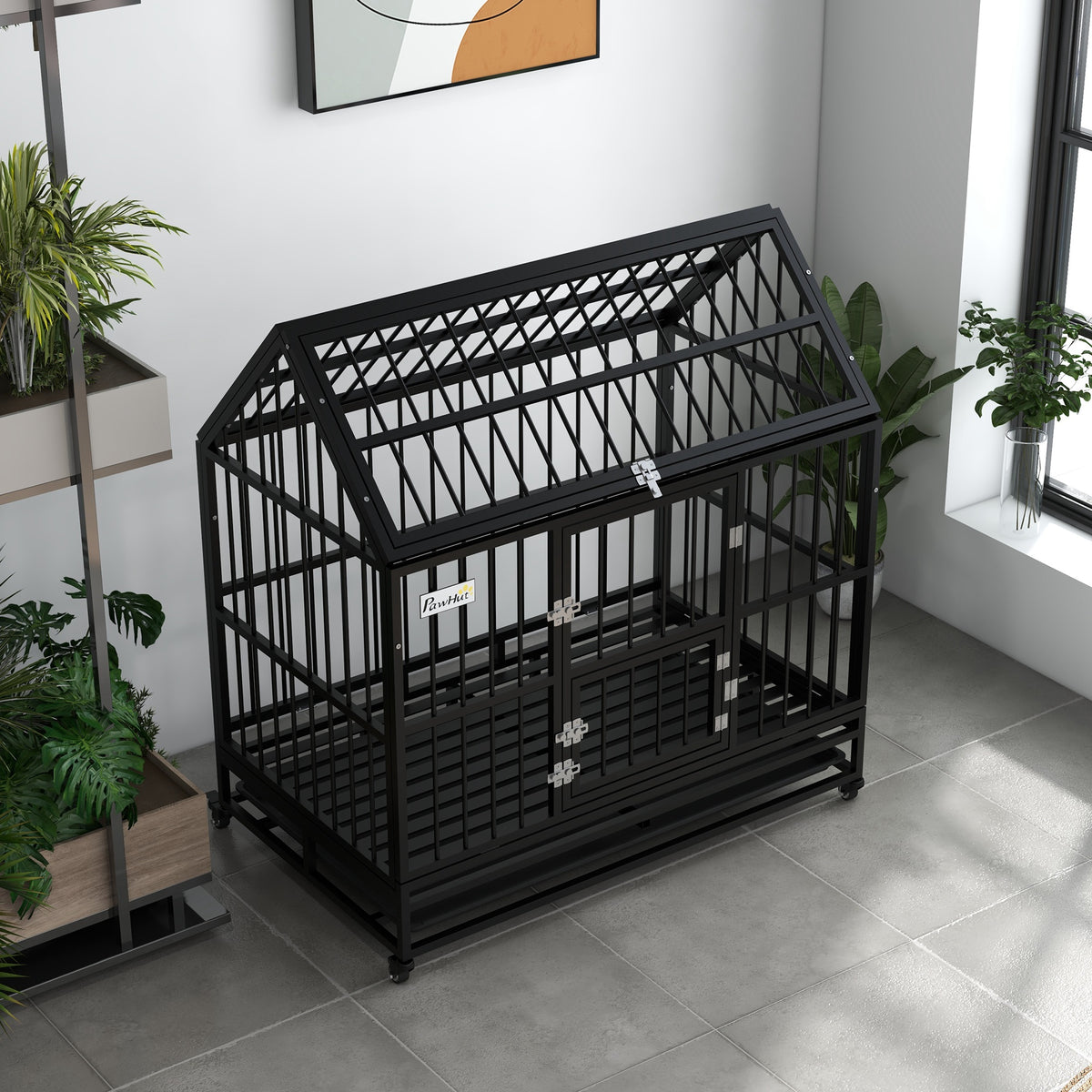 Heavy Duty Dog Crate with Lockable Wheels and Double Doors - XL, Black
