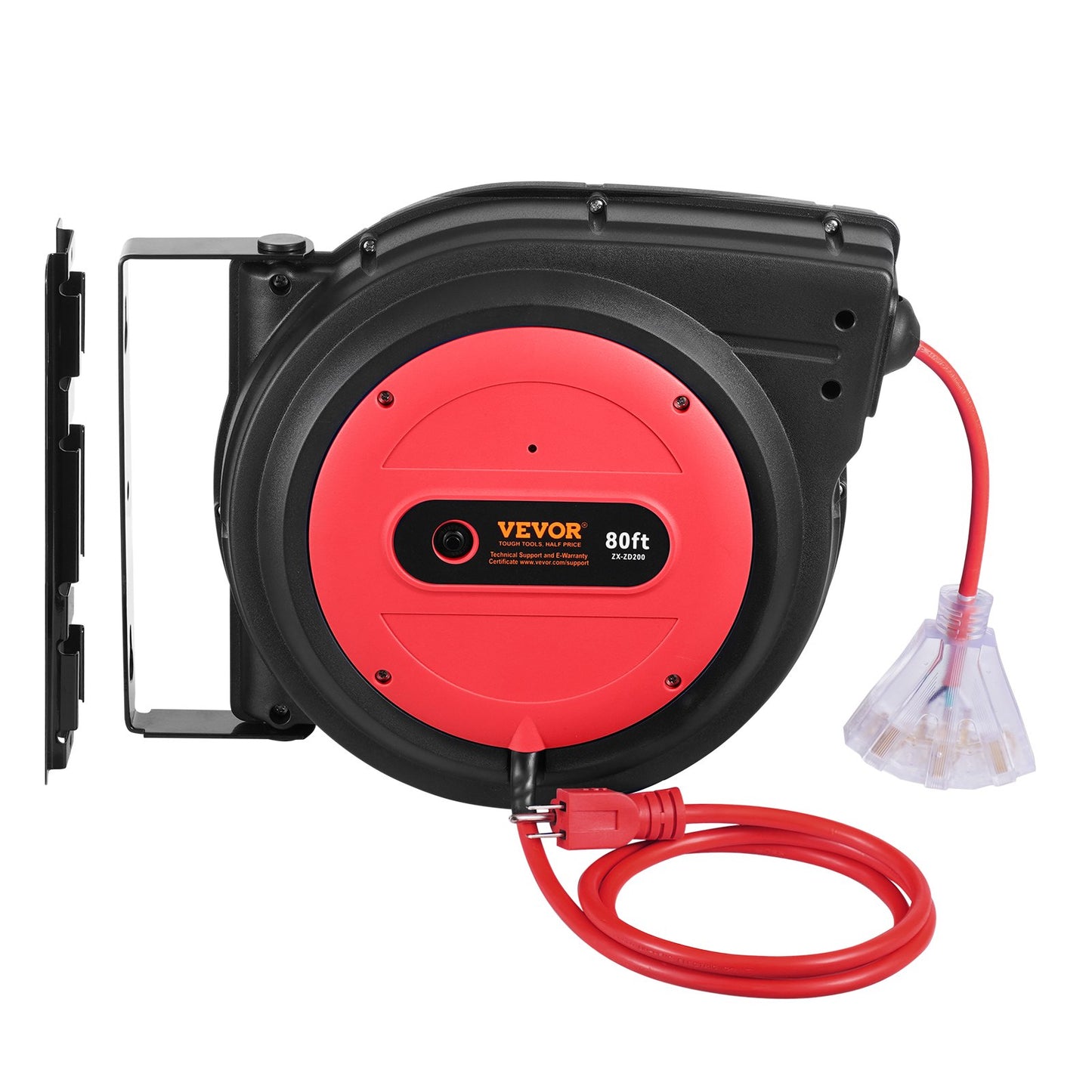 Heavy Duty Retractable Extension Cord Reel 80FT 12AWG Water-Resistant Power Cord