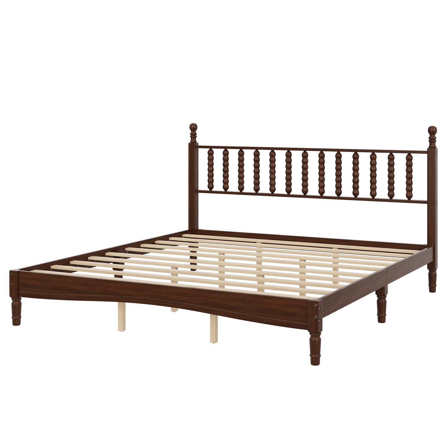 King Size Wood Platform Bed With Gourd Shaped Headboard,Retro Style