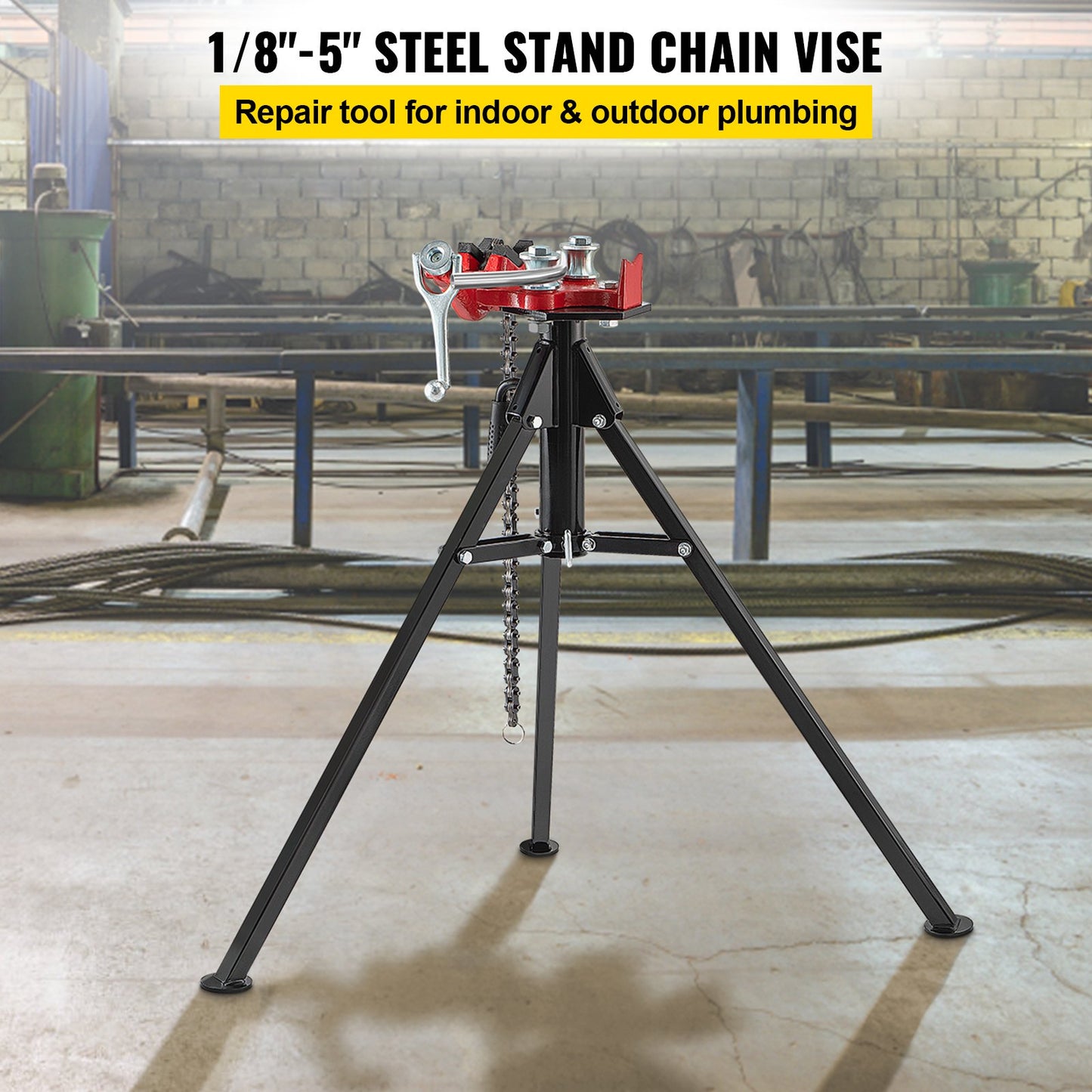 Tripod Pipe Chain Vise - Adjustable Pipe Support with Folding Steel Legs, 1/8-5 Inches Capacity