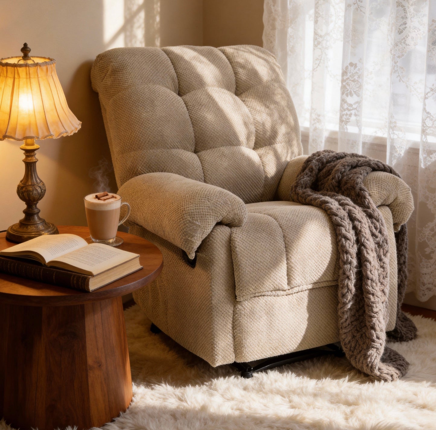 Overstuffed Recliner Chair - Camel Fabric Armchair with Footrest