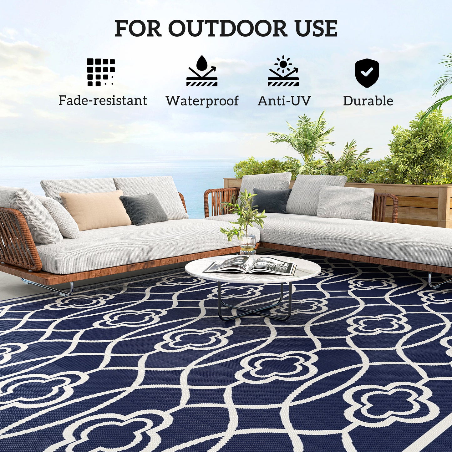 Reversible Outdoor Rug - Waterproof Blue & White Lantern, 9' x 18'