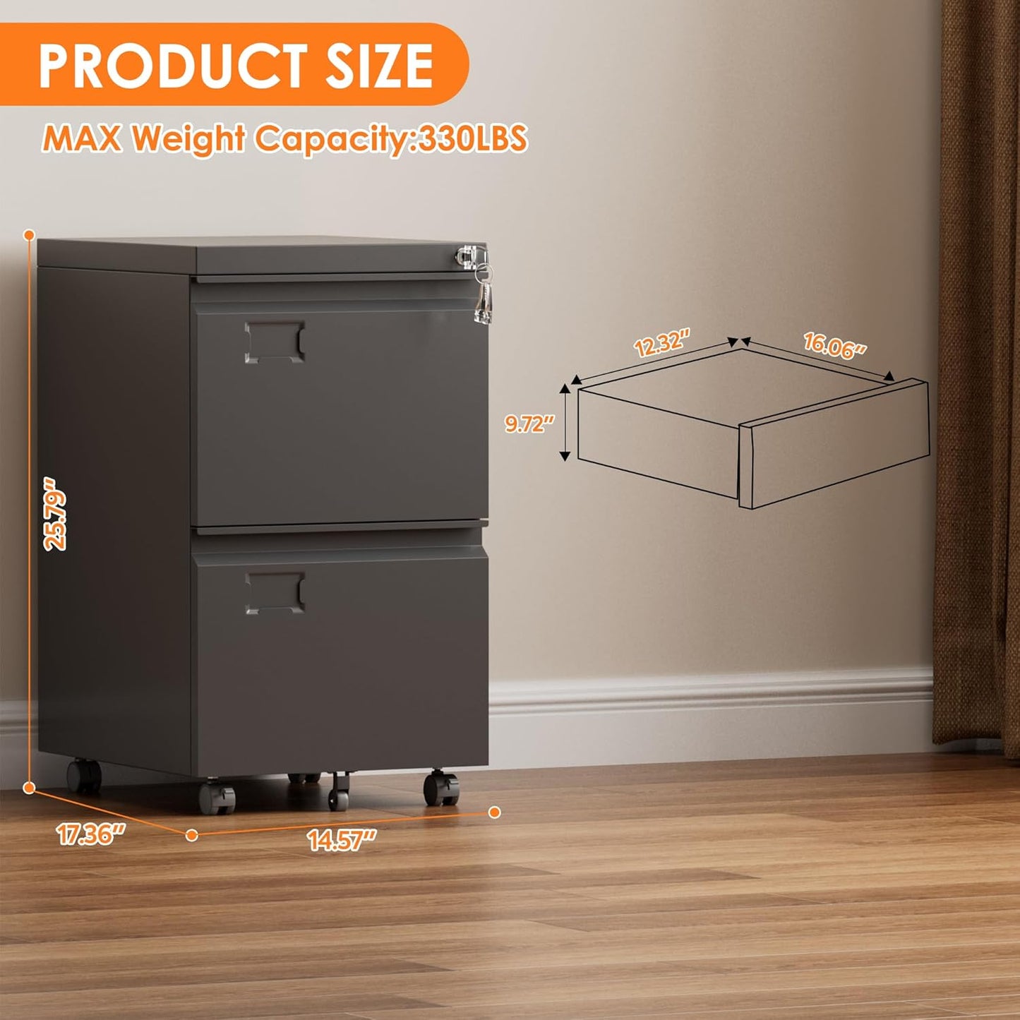 2-Drawer Mobile File Cabinet with Lock - Black Metal Storage